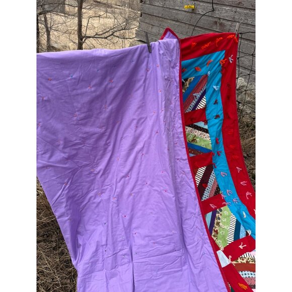 Vintage 60's Heavy Tied Scrappy Patchwork Quilt Red Blue 92.5x81" - Picture 9 of 16